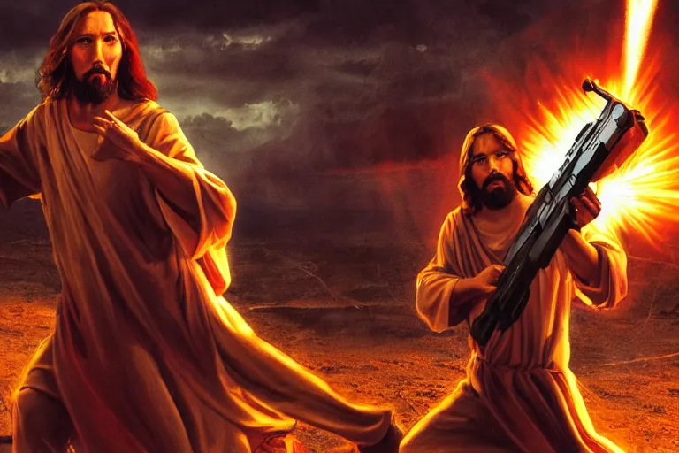 Image similar to real life photo of confident Jesus Christ holding a machine gun shooting the devil satan lucifer of hell, 8k, hyperrealistic, very detailed, clean, professional photography, epic composition, side profile, high contrast, upscaled, god rays