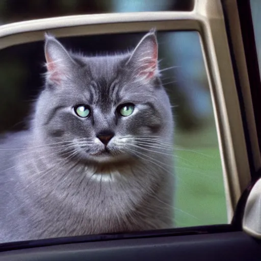 Prompt: photograph of a fluffy gray cat with yellow eyes looking out a car window, screenshot from commercial from 1989, cinestill, Sigma 24mm f/8, production still, insanely detailed and intricate, haunting, ghostly, foreboding, by Makoto Shinkai and Mohiro Kitoh