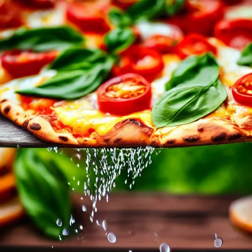 Prompt: In front of a roaring flame we see a cheese pizza with tomato slices and basil leaves flying off into the air, splashes of water, mozzarella chunks, sunshine, vivid colors, professional photo, bokeh