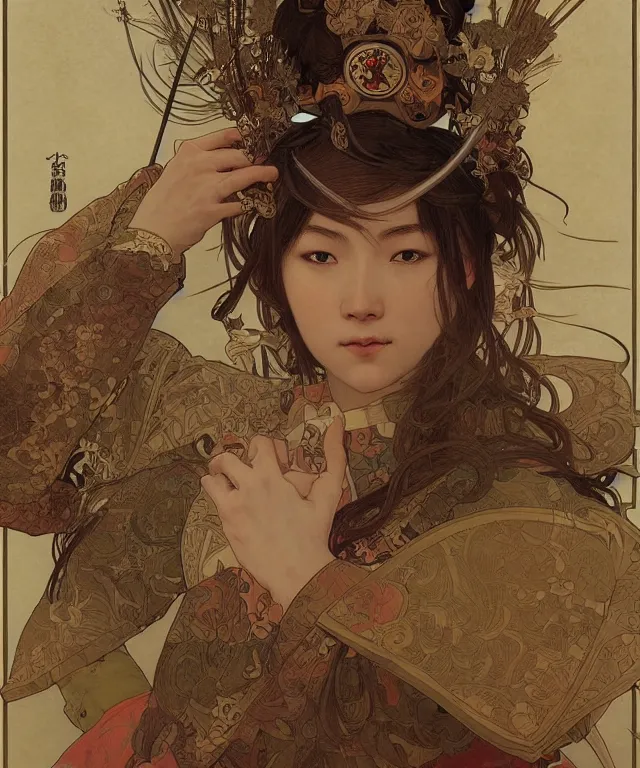 Image similar to realistic hyper detailed portrait of a samurai warrior by Alphonse Mucha and Charlie Bowater and art germ, rule of thirds, samurai armor, japanese patterns, golden ratio, portrait style with the subject in the middle of the frame