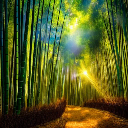 Image similar to cinematic photo of a bamboo forest, light rays, golden ratio,