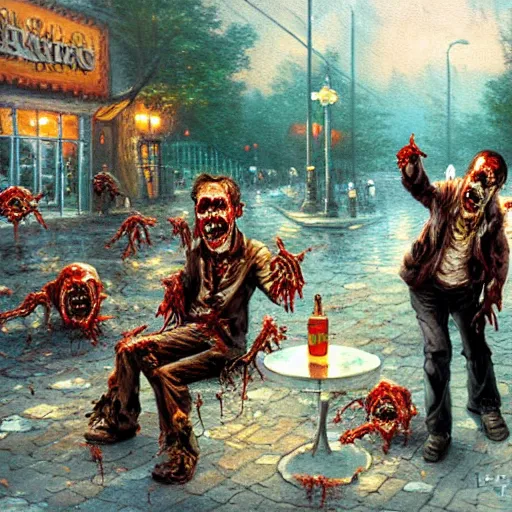 Prompt: zombie lunch break by Thomas kinkade