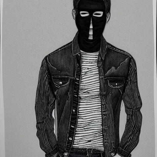 Image similar to professional pencil sketch of a full-body view of a young adult man with short hair wearing a black face mask, a striped long-sleeved shirt, and ripped skinny jeans, high quality, HD, 8K, highly detailed, award-winning