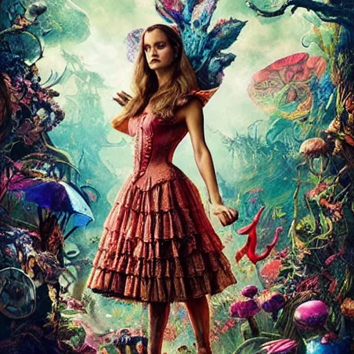 Prompt: alicia vikander in alice in wonderland tripping on lsd, intricate detail, painting, royo, frazetta, whealan,