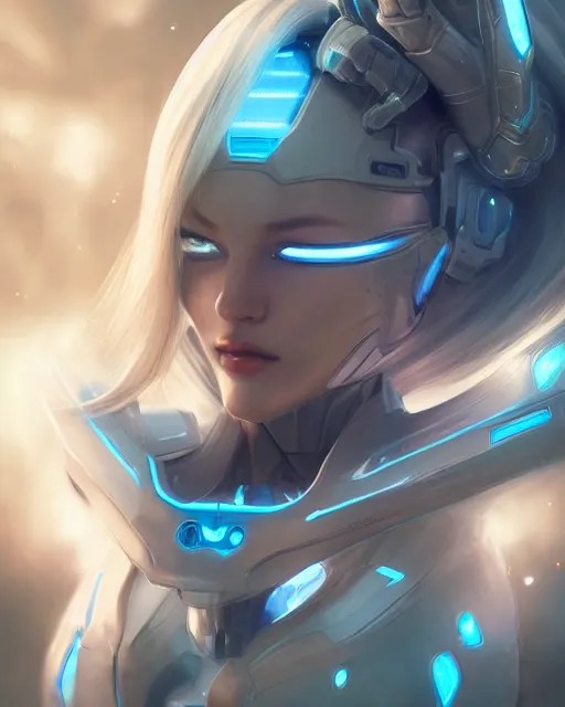 Image similar to perfect android girl on a mothership, warframe armor, beautiful face, scifi, futuristic, galaxy, nebula, raytracing, dreamy, long white hair, blue cyborg eyes, sharp focus, cinematic lighting, highly detailed, artstation, divine, by gauthier leblanc, kazuya takahashi, huifeng huang