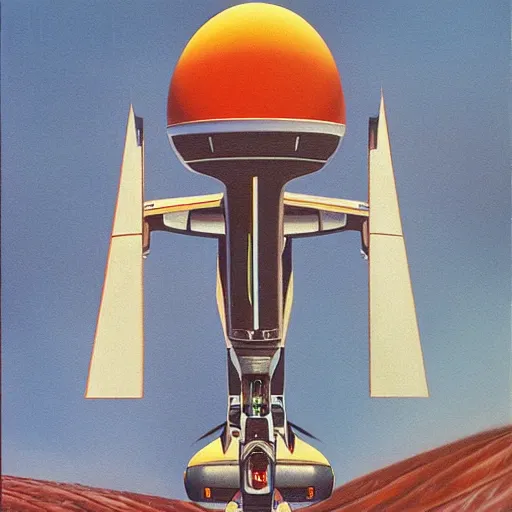 Prompt: retro sci-fi spaceship, 1970s, oil on canvas