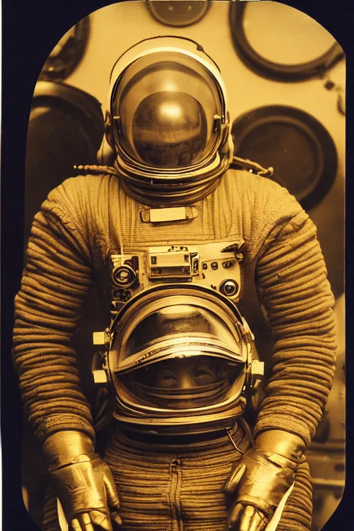 Image similar to extremely detailed studio portrait of space astronaut, tentacle coming out of mouth, helmet is off, helmet i in lap, full body, soft light, golden glow, award winning photo by james van der zee