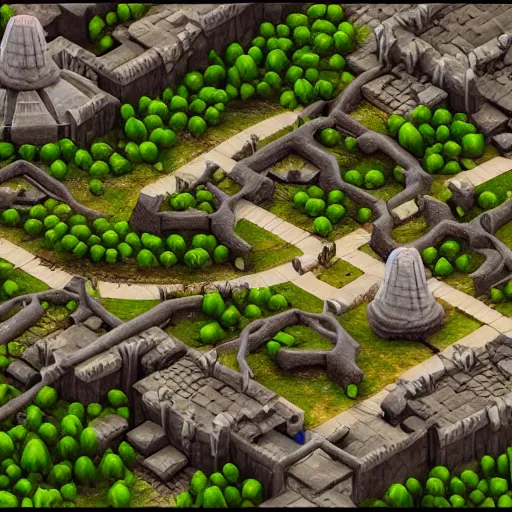 Image similar to isometric DND fantasy forest, war fort, 3d render, fantasy city, surrounded by white