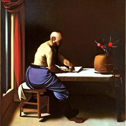 Prompt: man working on his laptop at home wearing pajamas, painting by caravaggio