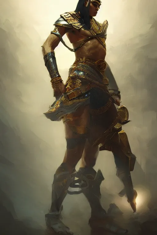 Image similar to egyptian warrior, portrait, powerfull, intricate, elegant, volumetric lighting, digital painting, highly detailed, artstation, sharp focus, illustration, ruan jia