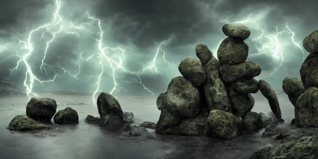 Image similar to photorealistic strange dark monks perform a ritual. magical symbols float above them. epic landscape with magically floating rocks, with ominous storm clouds, strange levitating stones, stones falling from the sky, a gentle rising mist. occult photorealism, uhd, amazing depth, glowing, volumetric lighting, cinematic lighting, design by alphonse mucha