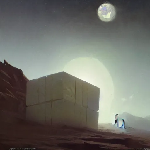 Image similar to a painting of a large smooth crystal cube on a barren alien planet. By carl spitzweg and greg rutkowski