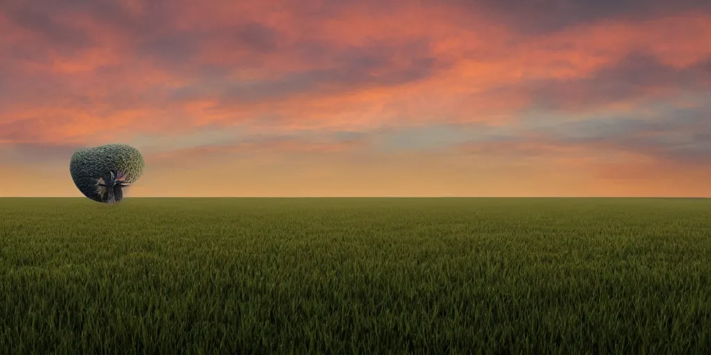 Image similar to a giant floating human ear above a field at dawn