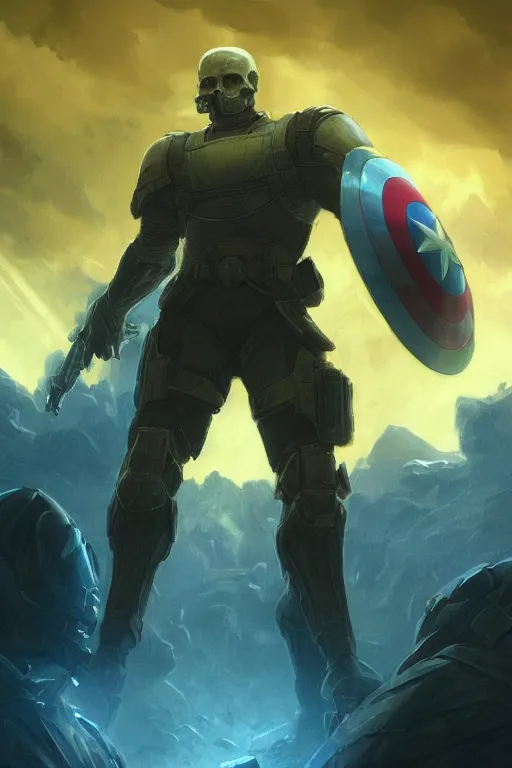 Prompt: a distant shot of a single super soldier with blue and yellow flag and standing alone on a huge pile of human skulls as a winner, masculine figure, D&D, fantasy, bright hopeful atmosphere, volumetric lights, beam of bright light through the clouds, intricate, elegant, highly detailed, extremely detailed, digital painting, artstation, concept art, matte, smooth, sharp focus, hyper realistic, illustration, art by Artgerm and Greg Rutkowski and Alphonse Mucha