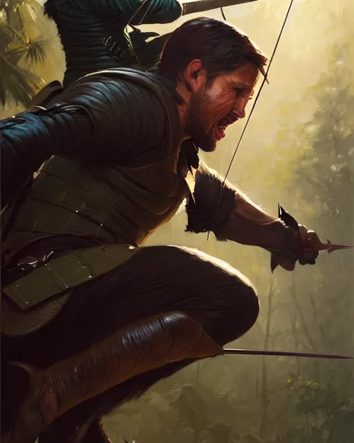 Image similar to robin hood fighting the predator. realistic shaded lighting poster by greg rutkowski, magali villeneuve, artgerm, jeremy lipkin and michael garmash and rob rey