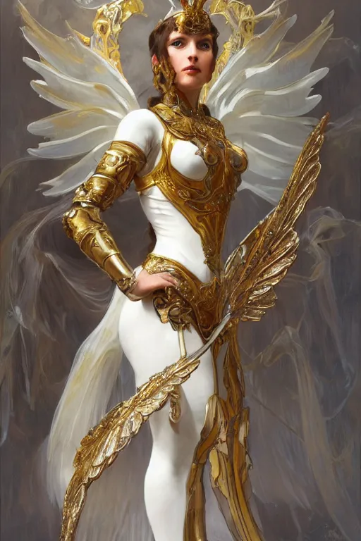 Prompt: full body portrait of a queen wearing white armor with ornate bronze and gold, white gossamer wings, art nouveau, profile, 4K, character concept art, oil painting, trending in artstation, cgsociety, by nekro, Alphonse Mucha, Artgerm, William-Adolphe Bouguereau, Greg Rutkowski