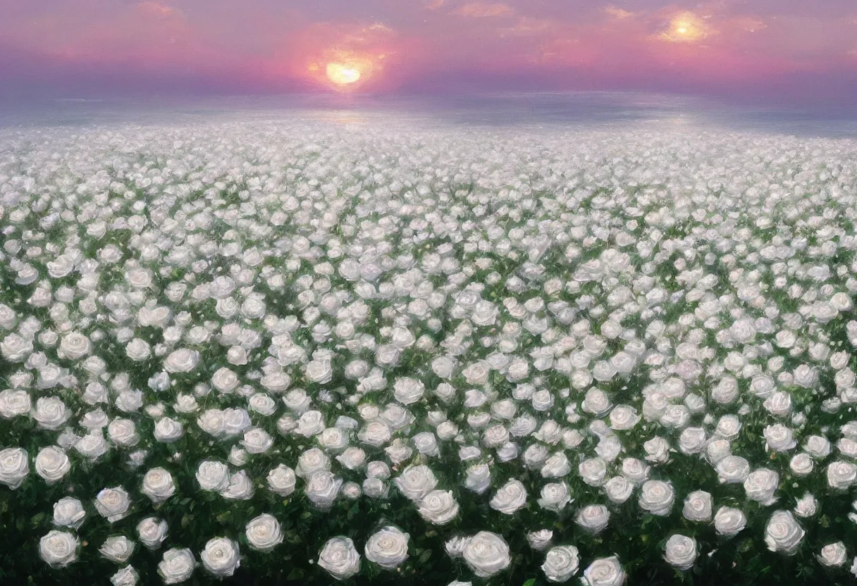 Image similar to a painting of a sea of white rose flowers, romantic, sunset, 4 k, trending on artstation in the style of greg rutkowski