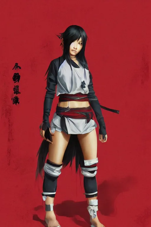 Image similar to full body native japanese young woman dressed like shinobi ninja, focused stare, partially masked, highly detailed, photobash, photorealistic render, trending on artstation, character design, red background, cinematic lighting