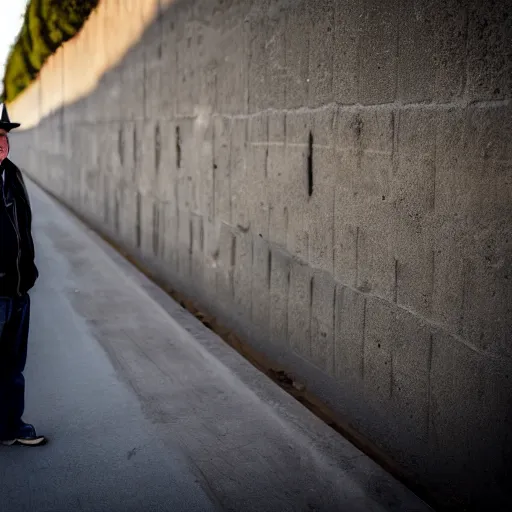 Prompt: Mike Myers (from Wayne's World) gazing at the US-Mexican Wall, XF IQ4, f/1.4, ISO 200, 1/160s, 8K, RAW, unedited, symmetrical balance, in-frame