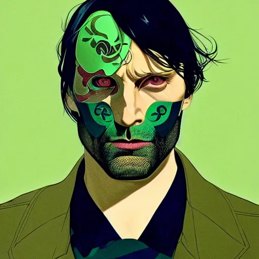 Image similar to Joshua Middleton comic art, wide shot, handsome elegant male Mads Mikkelson, spy, kabuki mask, beautiful evil sneer, symmetrical face, symmetrical eyes, leather clothing and boots, long straight green black hair, full body, Indigo occult pattern