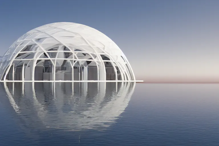 Prompt: a building formed by the combination of many white spherical and egg shaped circular spaces. on the calm lake, people's perspective modern curved architecture, future, wood, marble, metal award winning, highly detailed 4 k art, dusk, unreal engine highly rendered, global illumination, radial light, internal environment by kazuyo sejima