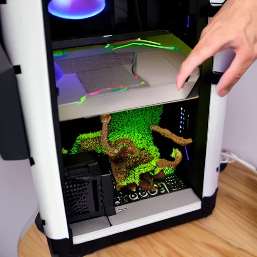 Prompt: tiny mushroom man explores an open computer case