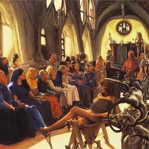 Image similar to witchcraft seminar at a university, by donato giancola and berthold woltze.