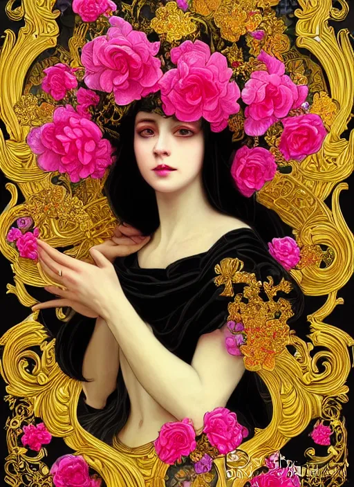 Image similar to beautiful black pink yellow, complicated gold and pink flowers in baroque style headwears, dark fantasy, intricate, elegant, highly detailed, digital painting, artstation, highly saturated colors, concept art, matte, 3 d 8 k octane rendered, sharp focus, illustration, octane rendered, art by artgerm and alphonse mucha, leesha hannigan