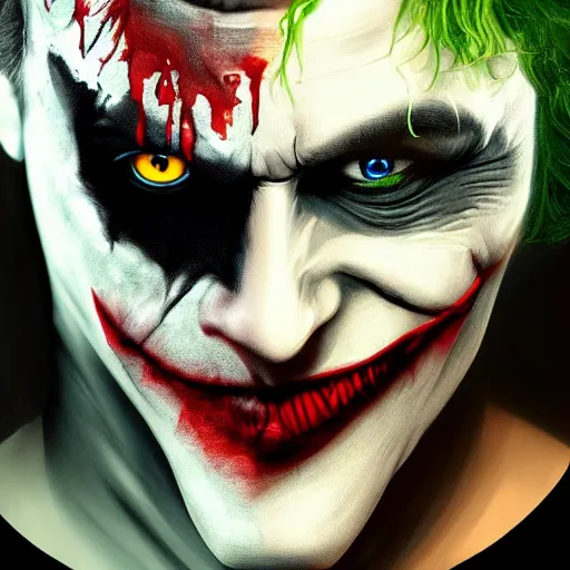 Prompt: the dark knight with joker makeup on the face, digital painting, amazing detail, artstation, cgsociety