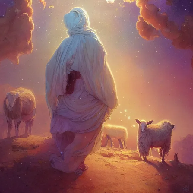 Prompt: bedouin father with sheeps surrounded by nebula, highly detailed, gold filigree, romantic storybook fantasy, soft cinematic lighting, award, disney concept art watercolor illustration by mandy jurgens and alphonse mucha and alena aenami, pastel color palette, featured on artstation