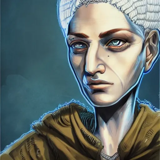 Prompt: intricate portrait, pure blue skin, short white hair, cinematic, in the style of enki bilal!