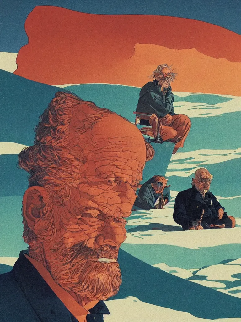 Image similar to a closeup portrait of an old man taking mind altering drugs, a blotter paper of lsd acid and dreaming psychedelic hallucinations in the vast icy landscape of antarctica, by kawase hasui, moebius, edward hopper, colorful flat surreal design, dramatic lighting, hd, 8 k, artstation