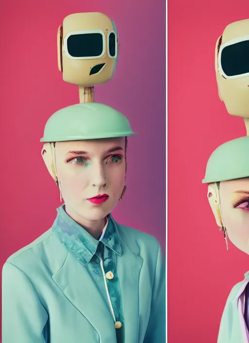 Image similar to a fashion portrait photograph of a retro robot head in the style of wes anderson, pastel hues, 35mm, pentax, studio lighting