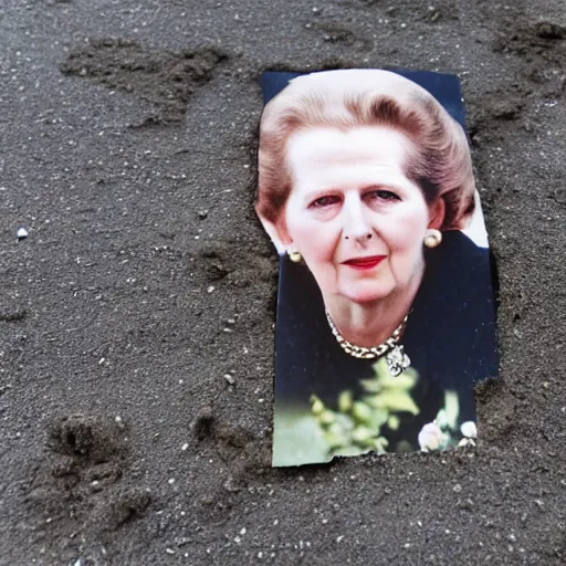 Prompt: photograph of margaret thatcher buried beneath a paved road