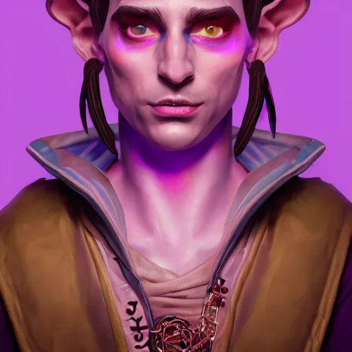 Image similar to an oil art close up portrait of young tiefling mage with purple magic in style of disco elysium character, bard jester character design from critical role, 4 k, ultra detail, volumetric lighting, unreal engine, octane render