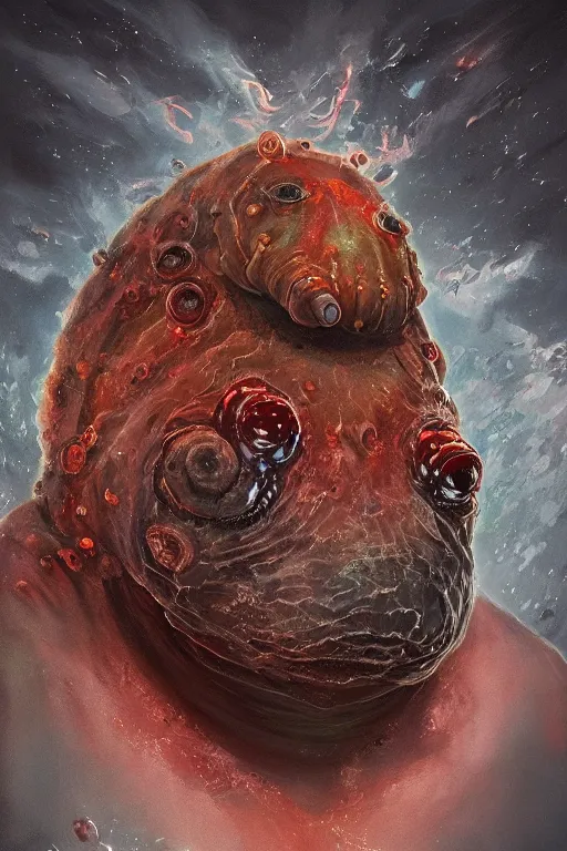 Prompt: oil portrait of a underworld horror tardigrade!!! trying to disguise itself as human, epic, cinematic, elegant, highly detailed, featured on artstation