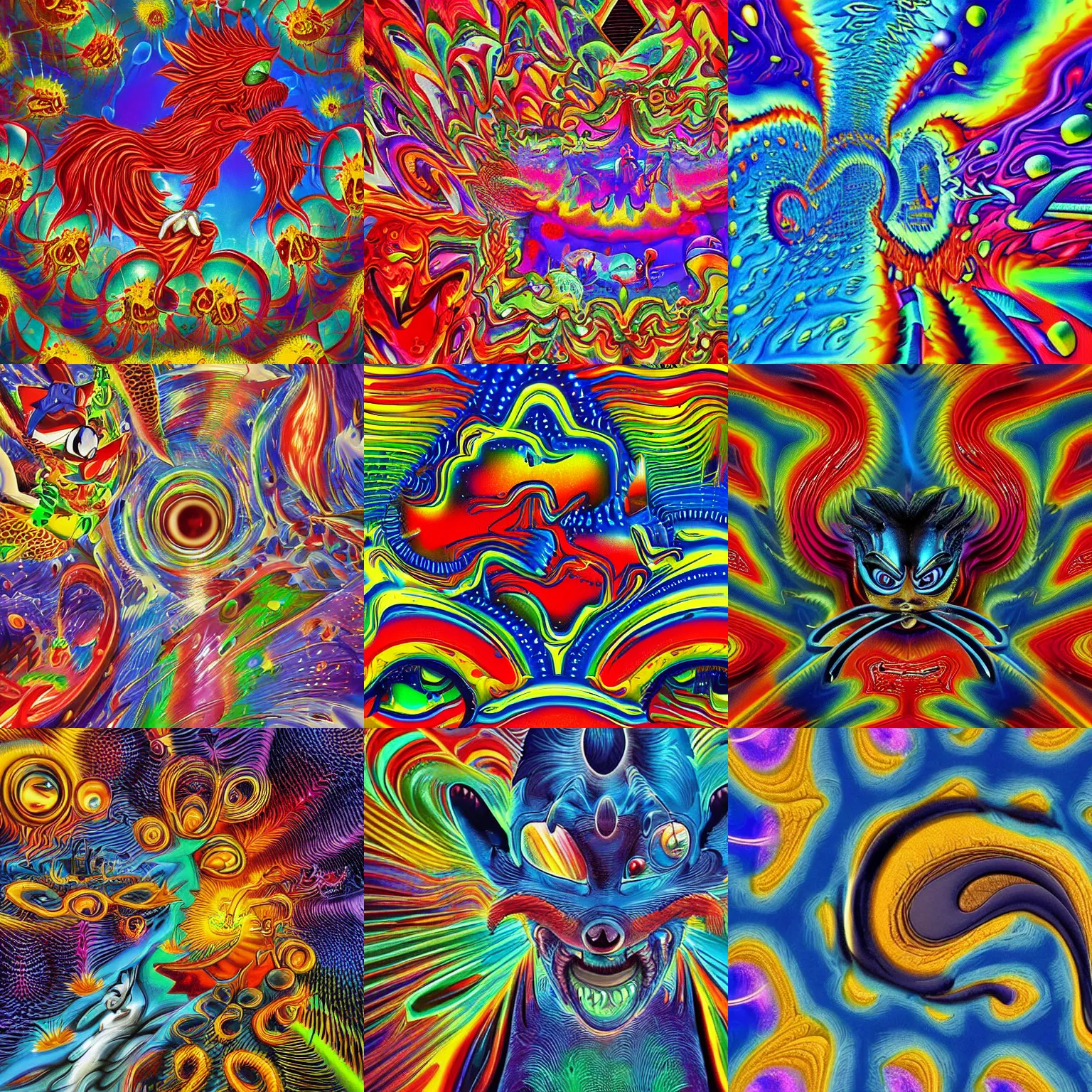 Prompt: closeup portrait of a surreal, sharp, detailed professional, high quality airbrush art mgmt album cover of a liquid dissolving lsd dmt sonic the hedgehog surfing through cyberspace, mandelbrot pattern, 1 9 9 0 s 1 9 9 2 sega genesis video game album cover