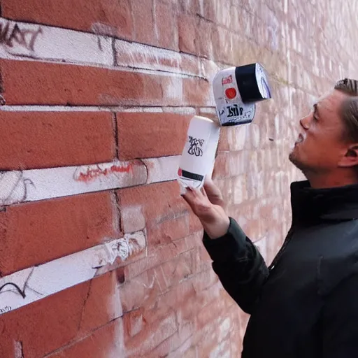 Prompt: bodycam photo of a drunk leonardo dicaprio spraying his graffiti tag in a wall, wide angle, fisheye, uhd, 8 k, bodycam, award winning,