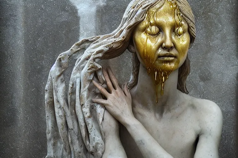Prompt: a sculpture of a person with flowing golden tears, a marble sculpture by nicola samori and beksinski, behance, neo - expressionism, marble sculpture, apocalypse art, made of mist
