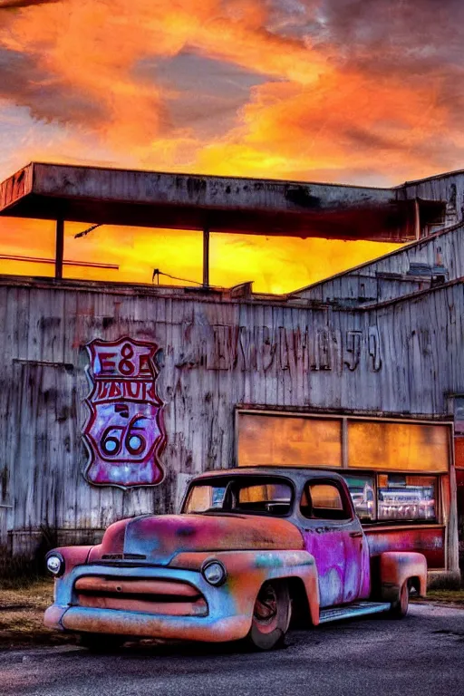 Image similar to a sunset light landscape with historical route 6 6, lots of sparkling details and sun ray ’ s, blinding backlight, smoke, volumetric lighting, colorful, octane, 3 5 mm, abandoned gas station, old rusty pickup - truck, beautiful epic colored reflections, very colorful heavenly, softlight