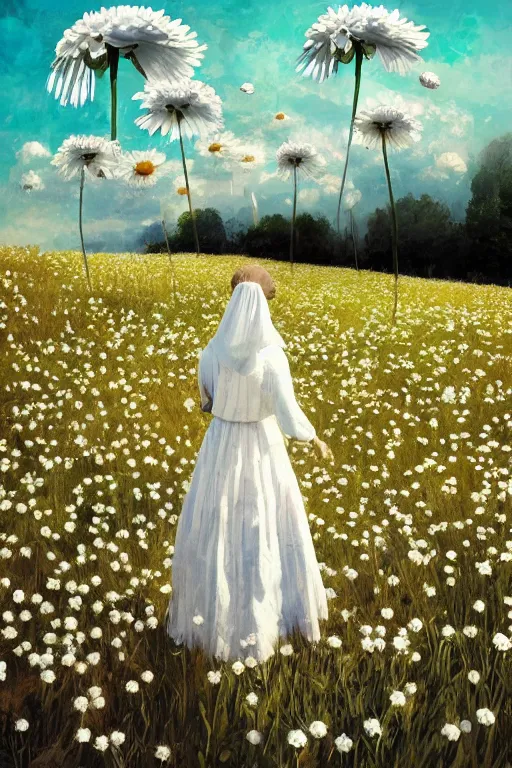 Image similar to giant white daisy flowers over face veil, girl walking in a flower field, surreal photography, sunrise, dramatic light, impressionist painting, colorful clouds, digital painting, artstation, simon stalenhag