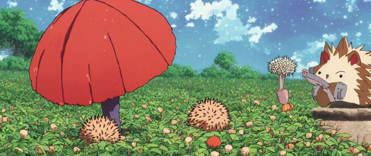Image similar to anime by hayao miyazaki, hedgehog with purple needles hides under fly agaric from the rain