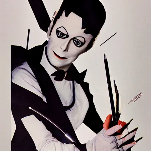 Prompt: a high quality product photo ad of klaus nomi holding a technical reed rollerball pen exacto knife by junji ito, ethereal eel