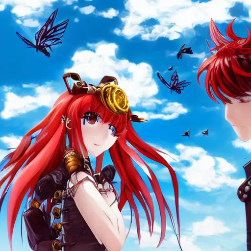 Prompt: robotic steampunk anime girl with steampunk wings sitting next to a guy with red hair in front of a tree, extremely detailed, cinematic lighting, vast landscape background, clouds, flowers,