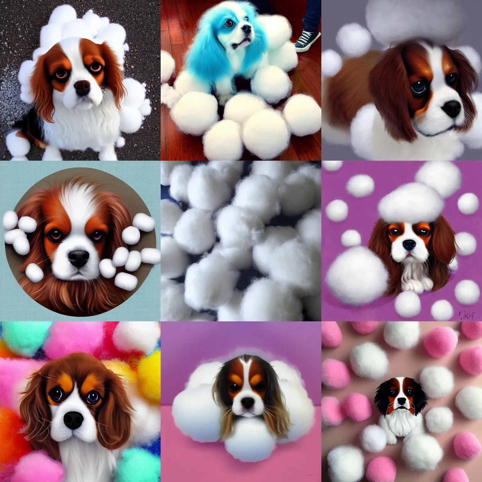 Prompt: fluffy cotton wool balls of many different colors, cavalier king charles spaniel, surrounded by cotton wool balls, cotton candy, art by artgerm