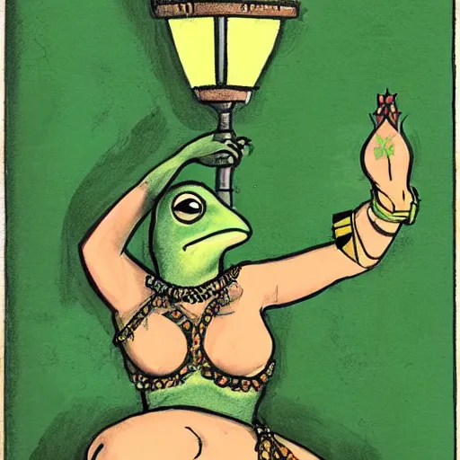 Image similar to a green frog-like genie woman rising out of a lamp, fantasy illustration