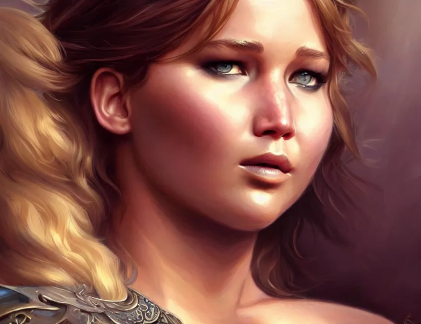 Image similar to Jennifer Lawrence, closeup, D&D, fantasy, intricate, elegant, highly detailed, digital painting, artstation, concept art, matte, sharp focus, illustration, hearthstone, art by Artgerm and Greg Rutkowski and Alphonse Mucha