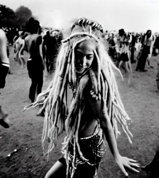 Image similar to portrait of a stunningly beautiful hippie girl with shoulder length blonde dreadlocks dancing at a rave festival, by bruce davidson