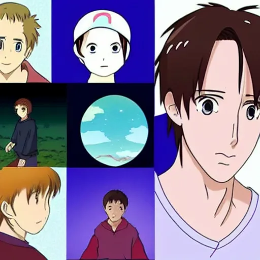 Image similar to ryan gosling in anime style, ghibli, spirited away, weather child, your name is