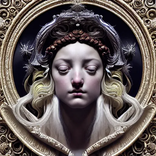 Prompt: baroque neoclassicist closeup renaissance portrait of beautiful moon goddess with stars in her flowing hair, reflective detailed textures, glittering silver ornaments, fantasy science fiction painting by diego rivera and jean delville and ruan jia and nicholas roerich and annie swynnerton and sam spratt, dramatic lighting, ornate geometric patterns, deep rich colors, artstation, octane render